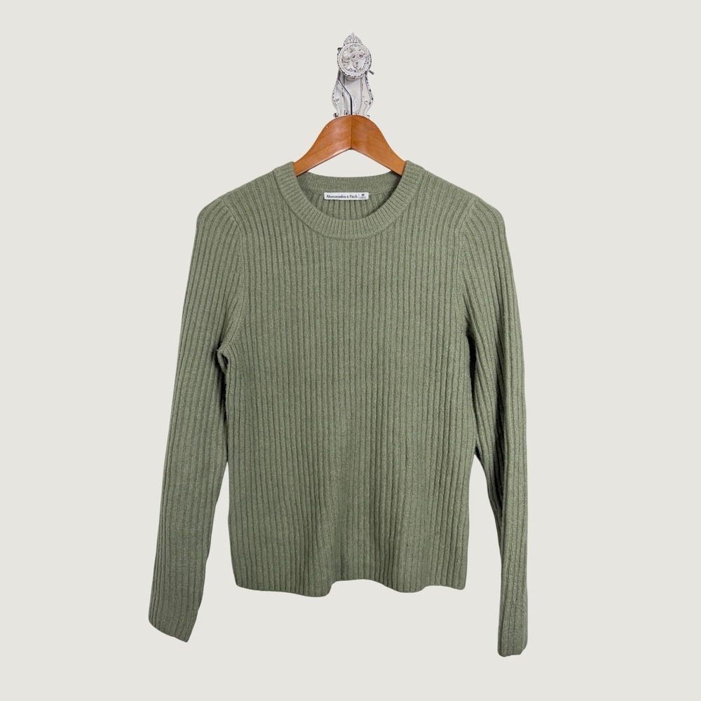 Abercrombie & Fitch Sweater M Green Ribbed Crewneck Long Sleeve Soft Knit